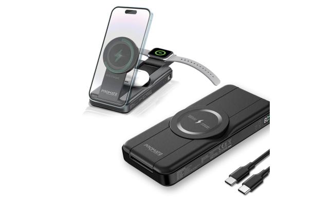 Promate Powerpack-Fold 5 in 1 Magsafe Power Bank, 10000mah 15W Foldable Wireless Powerbank - iPhone 15/15+/15 Pro/15 Pro Max, 14/14+/14 Pro/Max, Apple Watch, Air Pods, 18W USB QC 3.0 Port, 20W USB-C - Black